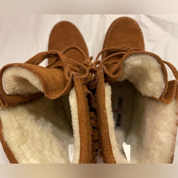 Minnetonka for J. Crew Double Fringe Suede Fur Lined Ankle Boots - Picture 7 of 13